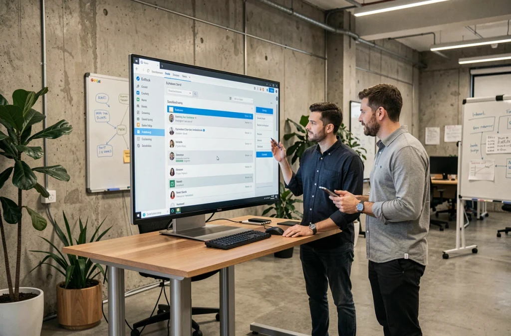 Équipe de collègues réunis autour d'un écran pour configurer l'envoi automatique d'e-mails groupés avec Outlook