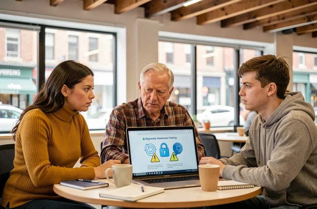 Équipe de petite entreprise suivant une formation en cybersécurité autour d'un ordinateur portable dans un espace de coworking