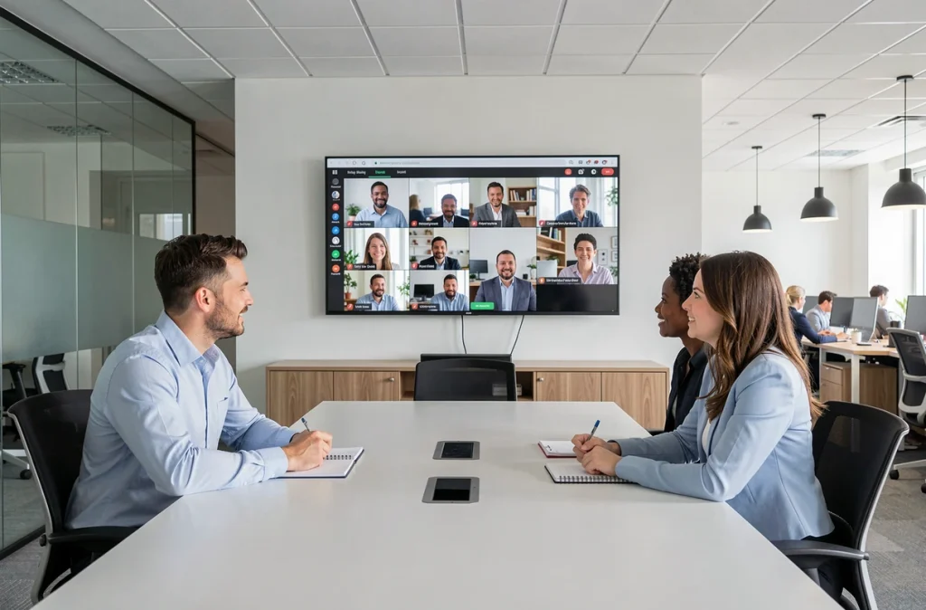 Équipe de professionnels en salle de réunion moderne participant à une visioconférence sur grand écran mural avec des collègues à distance