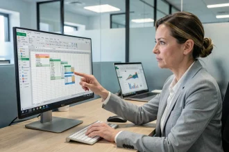 Femme professionnelle analysant un tableau croisé dynamique Excel sur un écran d'ordinateur dans un bureau moderne