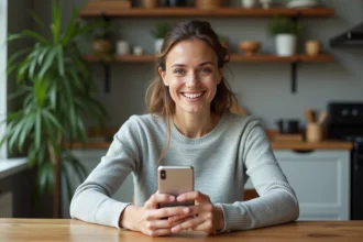 Femme utilisant l'application native Localiser d'Apple sur iPhone dans une cuisine moderne