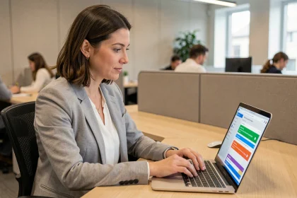 Femme au bureau créant un formulaire interactif sur Google Forms avec un ordinateur portable