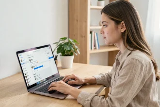 Jeune femme utilisant un compteur de caractères sur son ordinateur portable pour optimiser ses posts sur les réseaux sociaux en 2026
