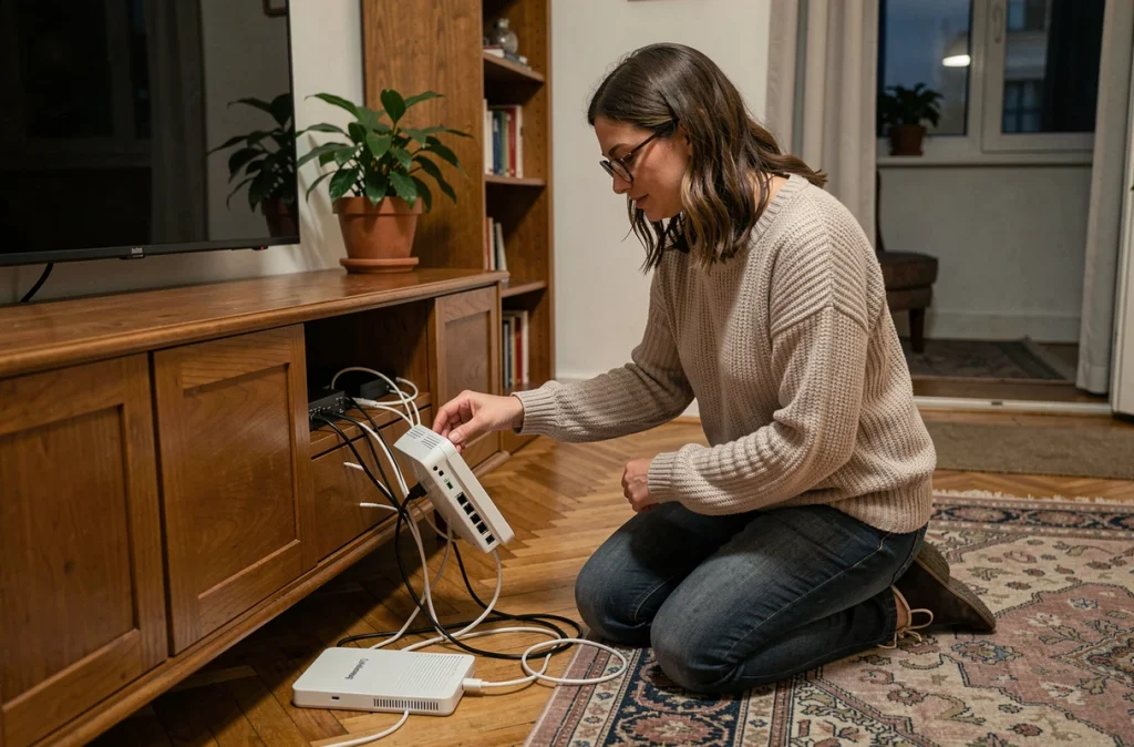 Femme vérifiant les câbles du décodeur Bouygues pour résoudre le code erreur S1