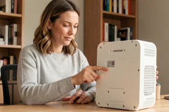 Femme consultant l'étiquette au dos d'une Freebox pour trouver la clé WiFi et le mot de passe
