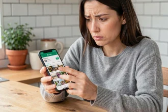 Femme utilisant Google Photos sur smartphone Android pour accéder à la corbeille et récupérer des photos supprimées