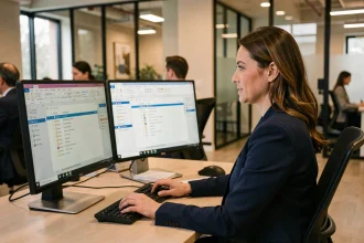 Femme professionnelle utilisant Microsoft Outlook pour automatiser l'envoi d'e-mails groupés depuis un bureau moderne