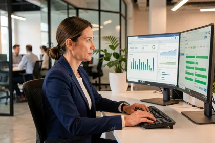 Femme professionnelle consultant un tableau de bord de sauvegarde de données sécurisées dans un bureau moderne