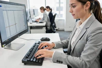 Femme professionnelle utilisant des raccourcis clavier sur son ordinateur dans un bureau moderne