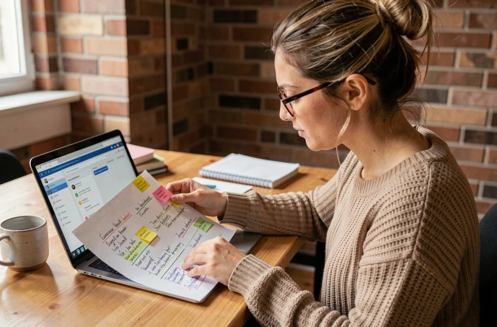 Femme professionnelle révisant un document annoté avec des commentaires manuscrits et un outil collaboratif en ligne