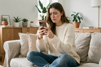 Jeune femme consultant son smartphone avec une expression préoccupée, illustrant la confidentialité des stories Instagram et la gestion des captures d'écran
