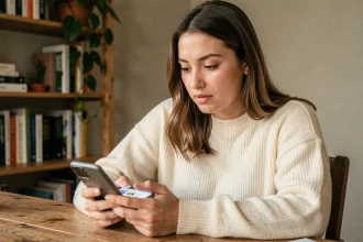 Jeune femme consultant Snapchat sur son smartphone dans un bureau à domicile confortable et discret