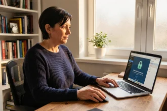Femme en télétravail utilisant un VPN sur son ordinateur portable dans un bureau à domicile