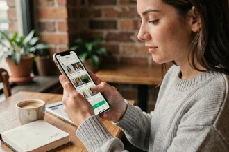 Jeune femme utilisant son smartphone pour uploader une image depuis un café urbain