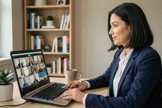 Femme professionnelle en réunion vidéo depuis son bureau à domicile avec un ordinateur portable affichant plusieurs participants en visioconférence