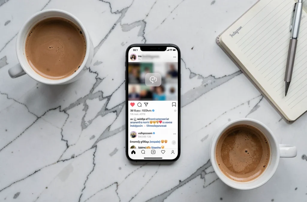 Vue en plongée d'un smartphone affichant une notification de capture d'écran de story Instagram posé sur marbre blanc avec carnet et café