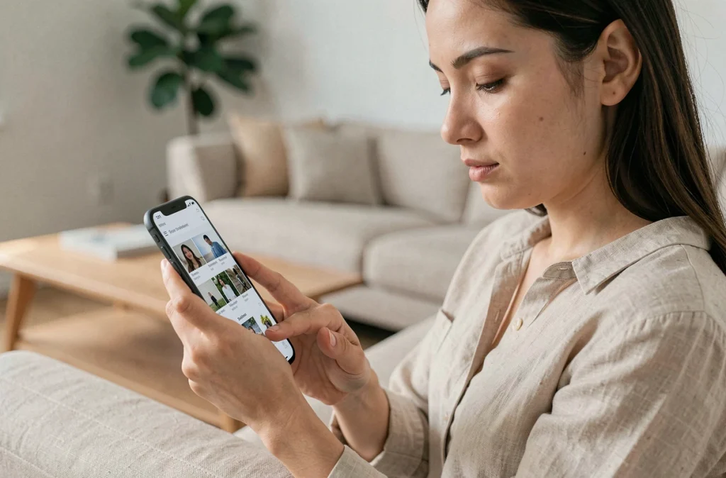 Jeune femme consultant la corbeille de la galerie native de son smartphone pour restaurer des photos effacées