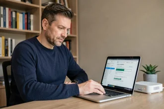 Homme gérant l'interface d'administration de sa Freebox sur un ordinateur portable depuis son bureau à domicile