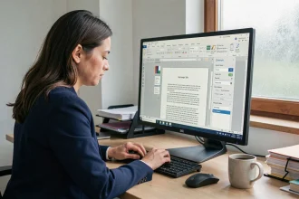 Femme professionnelle gérant des modèles de documents dans Microsoft Word sur un grand écran de bureau