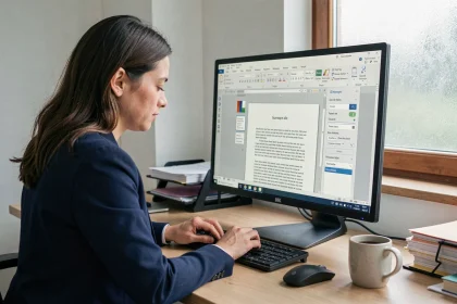 Femme professionnelle gérant des modèles de documents dans Microsoft Word sur un grand écran de bureau