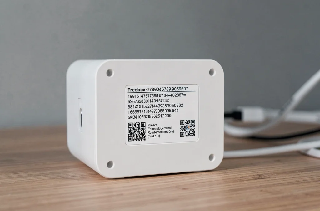 Gros plan sur l'étiquette d'une Freebox révélant la clé de sécurité et le mot de passe WiFi imprimés