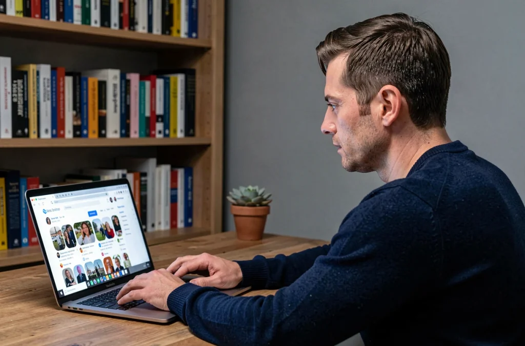Homme consultant les notifications de stories Instagram sur son ordinateur portable dans un bureau à domicile, représentant la surveillance des vues et captures d'écran