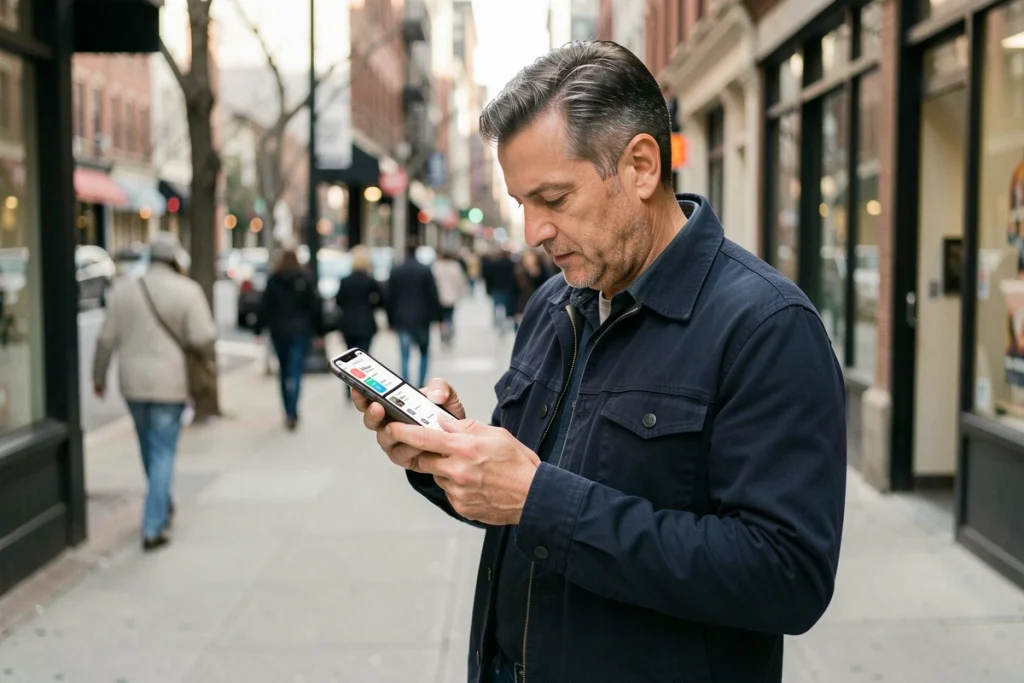 Homme en ville comparant l'outil de localisation Apple à une application tierce de tracking sur son iPhone