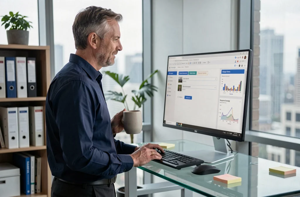 Homme debout à son bureau utilisant Google Forms sur un grand écran d'ordinateur de bureau