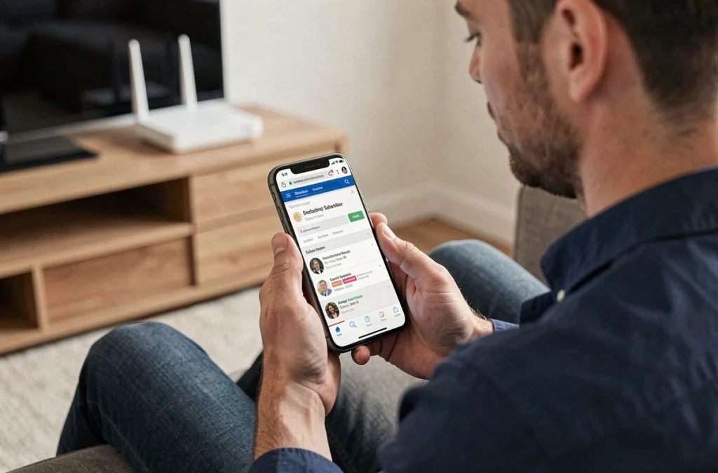 Homme accédant à l'espace abonné Freebox sur smartphone pour retrouver son mot de passe WiFi