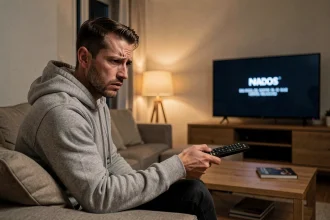 Homme frustré tenant une télécommande Bouygues devant un écran affichant un code erreur S1 en soirée