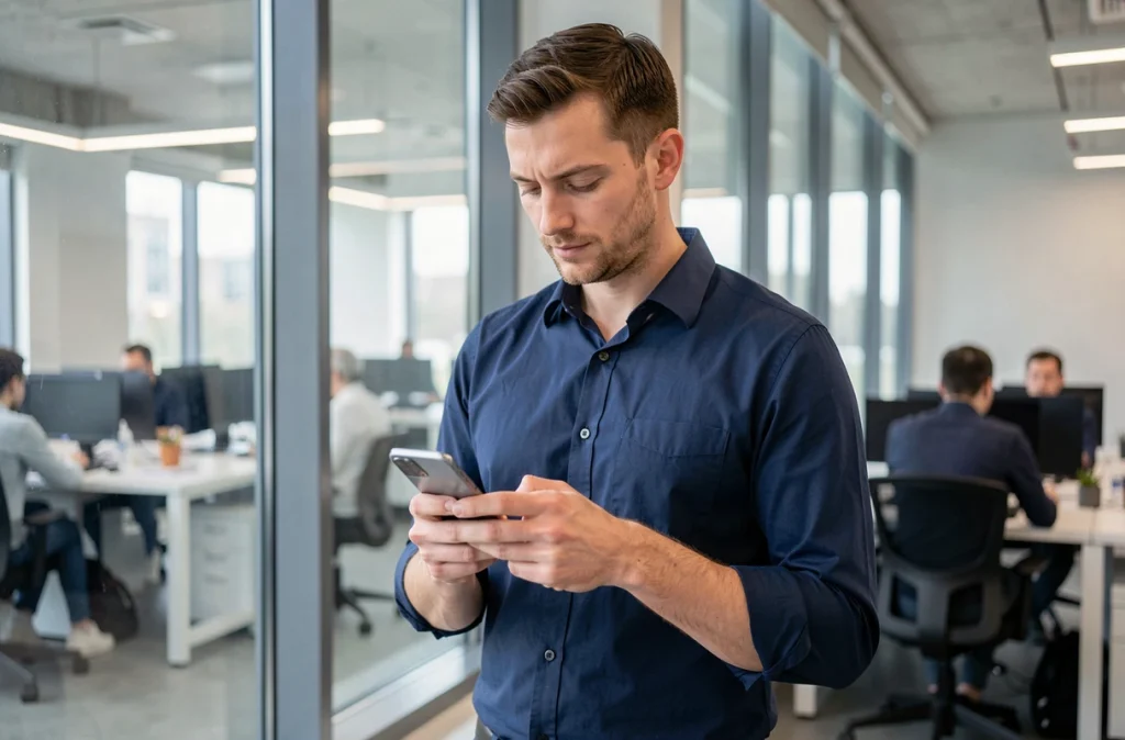 Homme partageant une image depuis son smartphone dans un bureau moderne