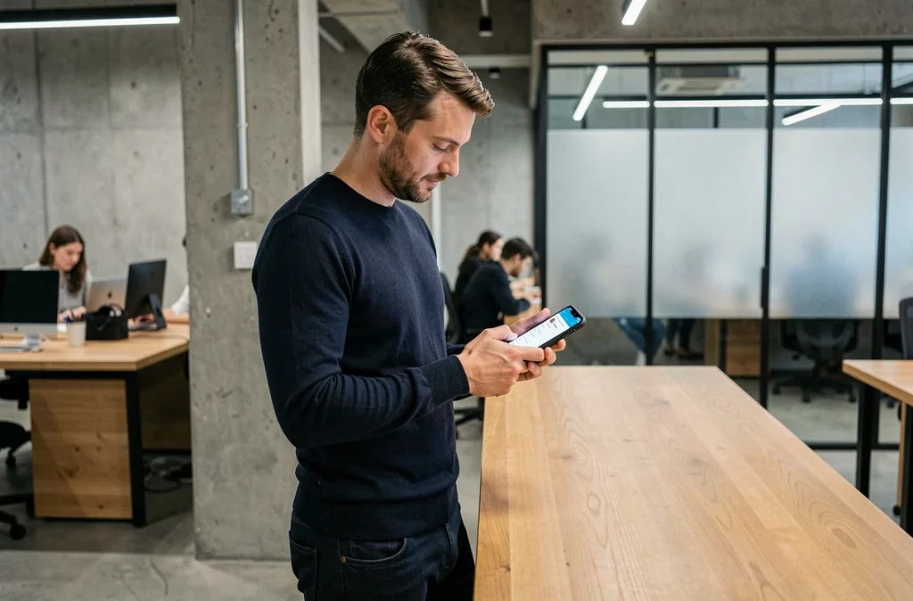 Homme en espace de coworking consultant un compteur de caractères sur smartphone pour ses publications sur les réseaux sociaux