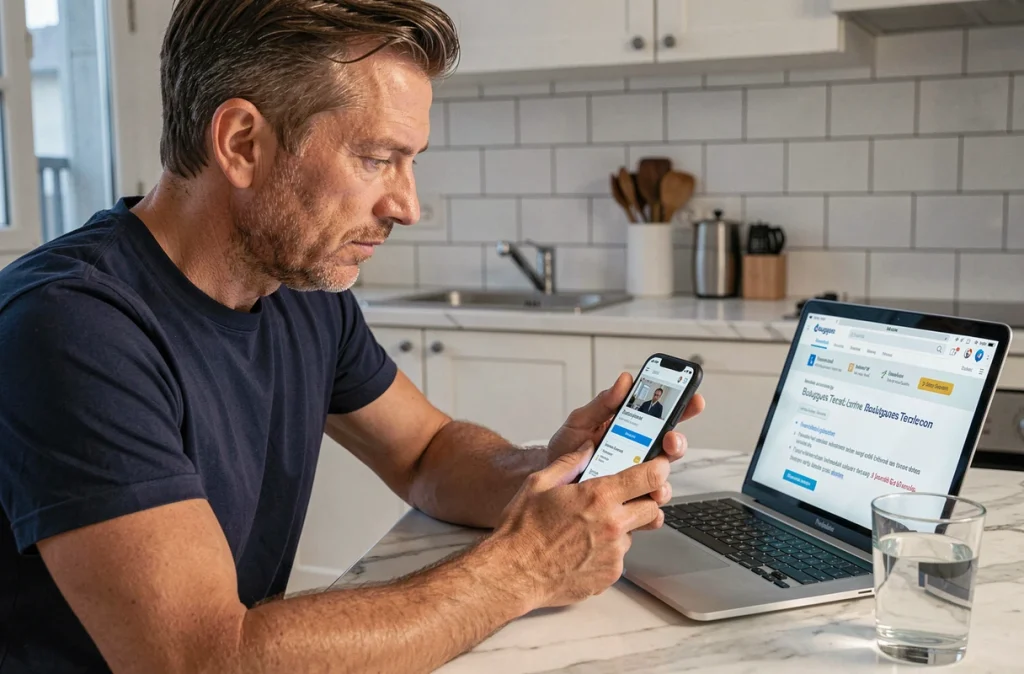 Homme cherchant une solution au code erreur S1 Bouygues sur son smartphone et ordinateur portable