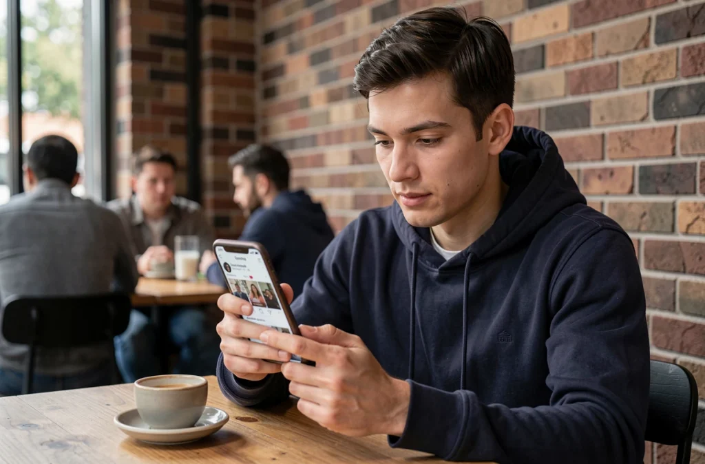 Jeune homme parcourant des stories Snapchat sur son téléphone dans un café urbain moderne