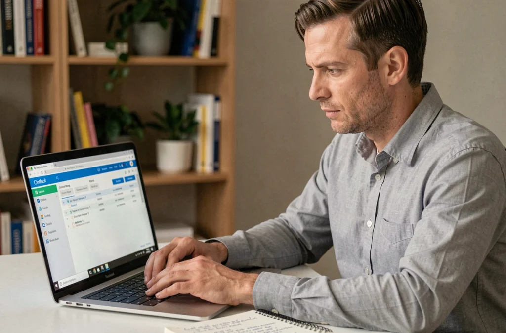 Homme en télétravail configurant l'automatisation d'e-mails groupés sur Outlook depuis un bureau à domicile