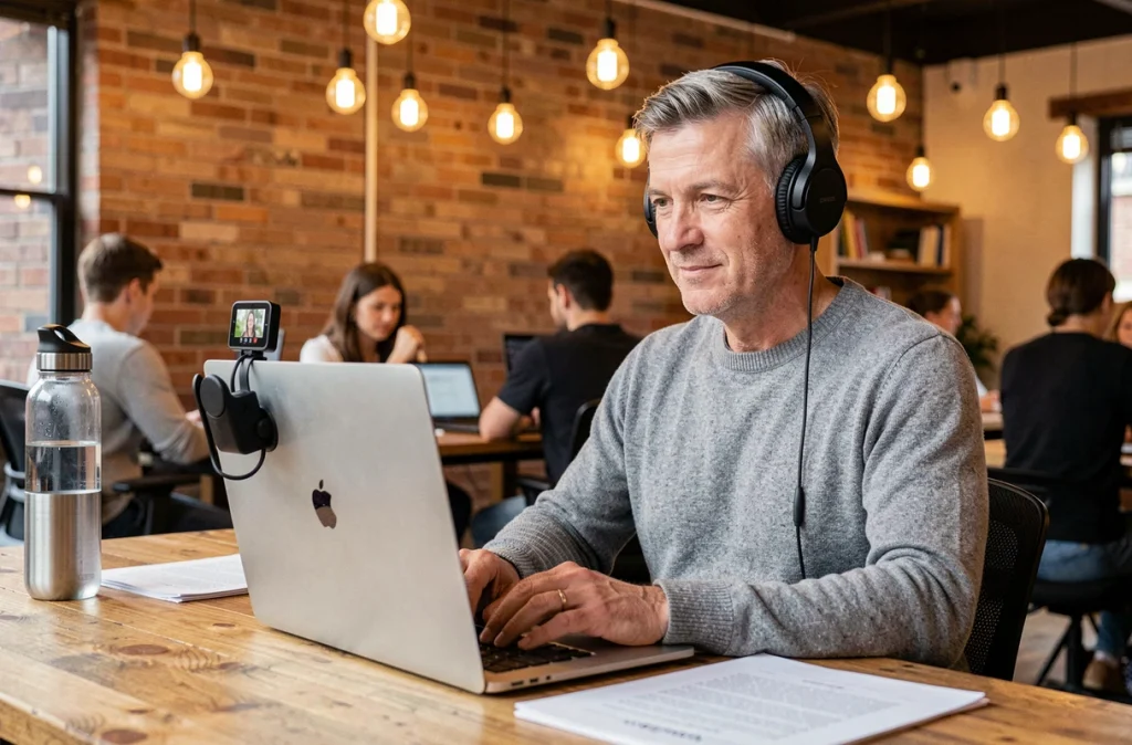 Homme travaillant à distance dans un espace de coworking avec un casque sans fil et une webcam externe lors d'une réunion en visioconférence