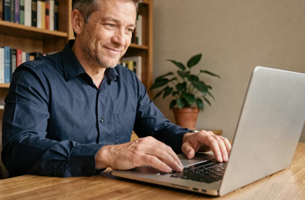 Homme en télétravail utilisant un raccourci clavier Ctrl+Z sur son ordinateur portable à domicile
