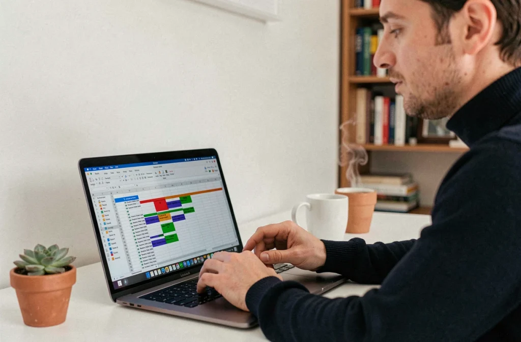 Homme en télétravail configurant un tableau croisé dynamique Excel sur MacBook dans un espace de travail à domicile
