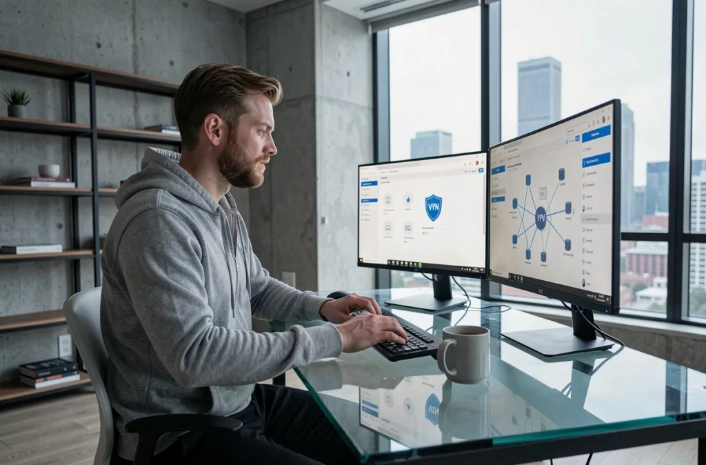 Homme en télétravail avec un VPN actif sur deux écrans dans un appartement urbain moderne