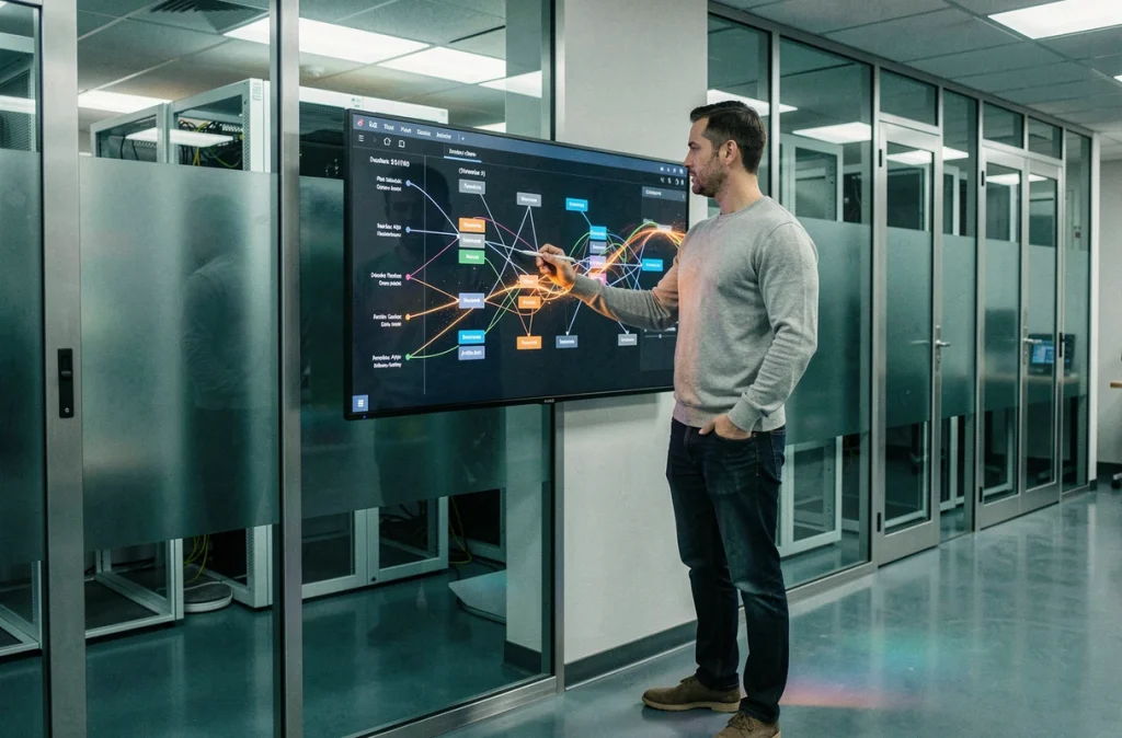 Un ingénieur en données présentant un graphe de pipeline IA devant un écran de visualisation dans une salle de serveurs moderne