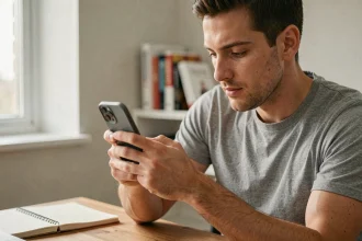 Homme inspectant un iPhone 13 mini d'occasion en vérifiant l'état de l'écran avant achat