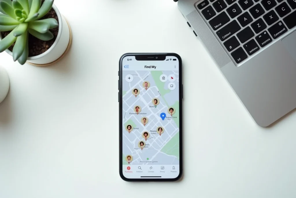 iPhone affichant l'interface de partage de localisation Apple Find My posé sur un bureau minimaliste à côté d'un MacBook