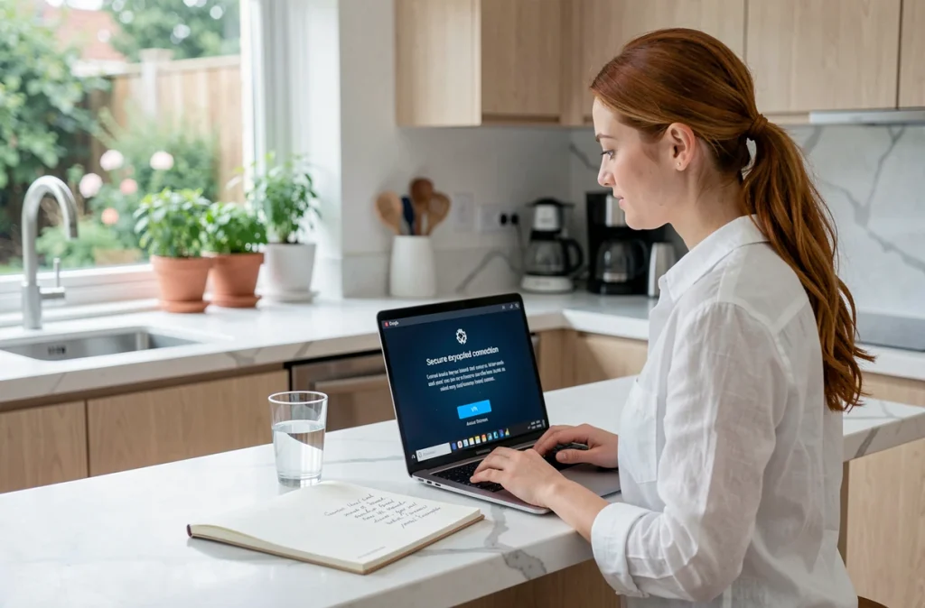 Jeune femme en télétravail sécurisé avec VPN activé dans une cuisine moderne et lumineuse