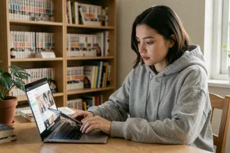 Jeune femme parcourant une application légale de lecture de manga sur ordinateur portable dans un bureau cosy
