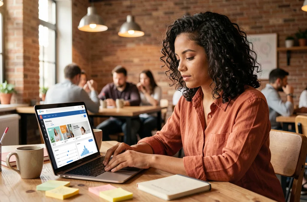 Jeune professionnelle du marketing digital travaillant sur une plateforme d'intelligence artificielle pour optimiser des campagnes publicitaires en ligne dans un espace de coworking