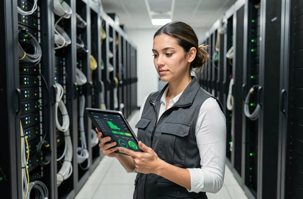 Ingénieure DevOps surveillant la continuité de service lors d'une migration d'authentification dans une salle serveur