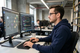 Ingénieur logiciel migrant vers un système d'authentification TBS sur des écrans de terminal dans un bureau tech moderne