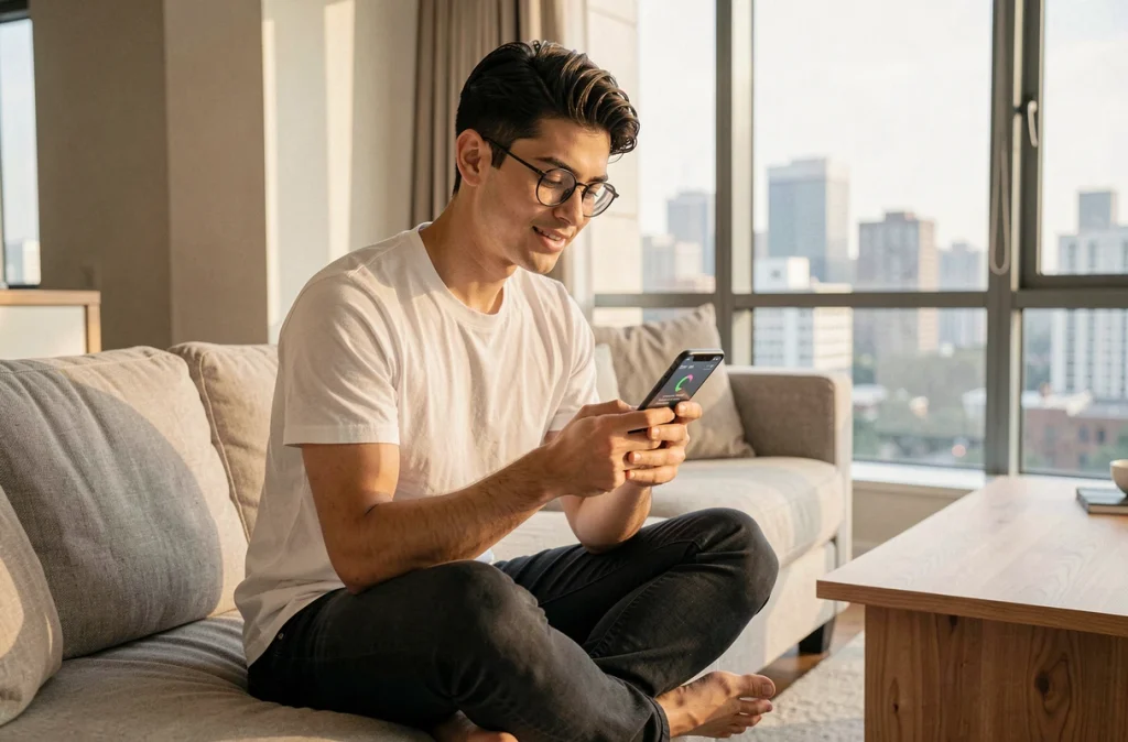 Un jeune homme met à jour son application smartphone depuis son canapé, symbolisant l'importance des mises à jour logicielles pour protéger ses données personnelles