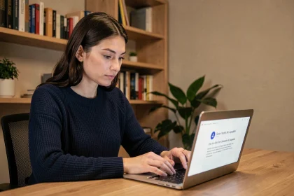 Une femme concentrée met à jour ses logiciels sur son ordinateur portable dans un bureau à domicile moderne, illustrant les bonnes pratiques de cybersécurité
