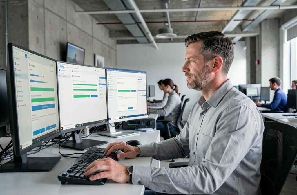 Un homme en entreprise effectue une mise à jour système sur un ordinateur de bureau dans un open space moderne pour renforcer la sécurité informatique